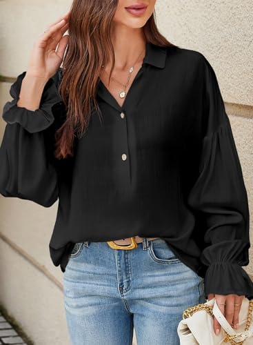Astylish Women's Dressy Casual Blouses Business Work Linen Spring Summer Tops Plus Size Clothes Beach Fashion Long Puff Sleeve V Neck Button-Down Loose Henley Shirts Black X-Large — view 3