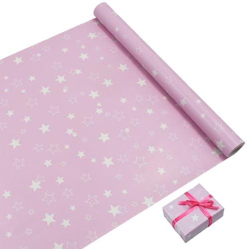 Rollo de papel de regalo de cumpleaños reciclable: 43 cm x 15 m, papel de regalo rosa para fiestas, decoraciones de regalo de cumpleaños