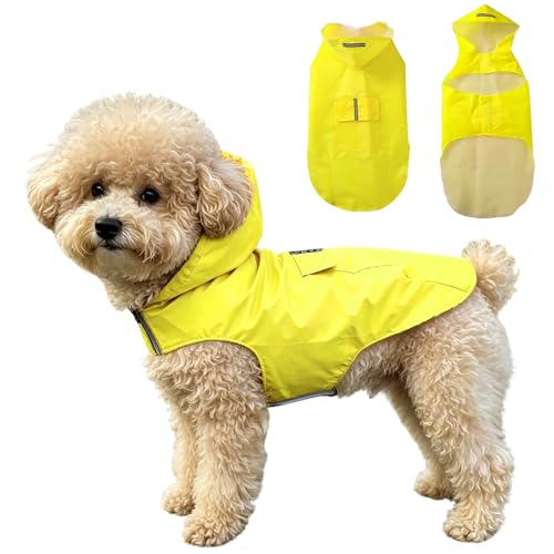 TENGWA Regenmantel Hund Halsumfang 35-40cm Regenjacke 6-10KG Hunde Mantel Gelb Dog Raincoat Reflektierend mit Kapuze 100% Wasserdicht Geeignet für Kleine bis Mittelgroße Hunde