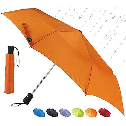 Lewis N. Clark Travel Umbrella: Windproof & Water Repellent Fabric, Automatic Open Close & 1 Year Warranty, Orange