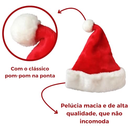 Conjunto 5 Gorros Papai Noel Vermelho Tradicional Veludo Touca Clássica Mamãe Noel Enfeite Natalino