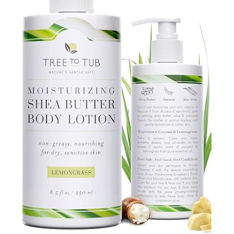 Tree to Tub Cocoa Butter Lotion for Sensitive Skin - Moisturizing Shea Butter Lotion for Extremely Dry Skin for Women & Men - Lemongrass & Coconut Body Cream w/Organic Aloe Vera, Colloidal Oatmeal Cover