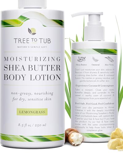 Tree to Tub Cocoa Butter Lotion for Sensitive Skin - Moisturizing Shea Butter Lotion for Extremely Dry Skin for Women & Men - Lemongrass & Coconut Body Cream w/Organic Aloe Vera, Colloidal Oatmeal
