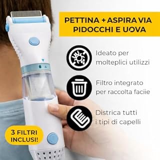 Sterminatore elettrico per pidocchi - Pettine Elettrico Antipidocchi – Rimozione Elettrica dei Pidocchi con 3 Filtri Intercambiabili - TREVY