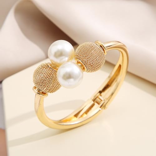 FUTIMELY Unique Chunky Gold Pearl Cuff Bracelet for Women,Wide Ball Pearl Statement Bracelet for Party Cocktail,Trendy Chic Clasp Wrist Jewelry Accessories4