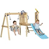 AIYAPLAY Balançoire et toboggan d'extérieur en bois avec balançoire, toboggan, volant, télescope pour enfants de 18 à 48 mois, pour patio, pelouse, naturel