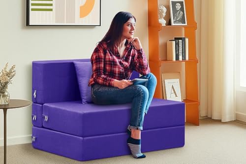 Image of Easy Foldable One Person Sofa Cum Bed Jute Fabric- Washable Cover- Including One Cushion- Size 3' X 6' Ft (Purple Color) Perfect for Home & Office for Guests