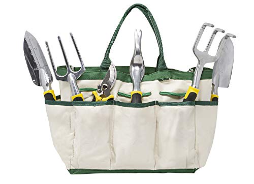 Homewell 8 Piece Garden Tool Set Includes: Shears, Trowel, Transplanter, Weeder, Cultivator, Rake, Gloves & Bag