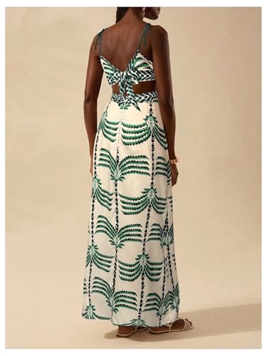 Image of SOLY HUX Women's Summer Maxi Dress Boho Print Tie Shoulder Spaghetti Strap Cut Out Tie Back Cami Dresses Sundress