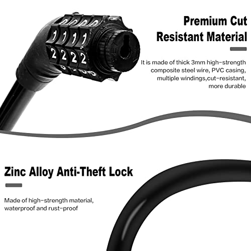 Fusiontec Bike Lock Cable, Bike Locks Heavy Duty Anti Theft, 2 Pcs Security 4 Digit Resettable Combination Bike Cable Lock, Portable Code Lock Cable For Bicycle, Black #TOP2