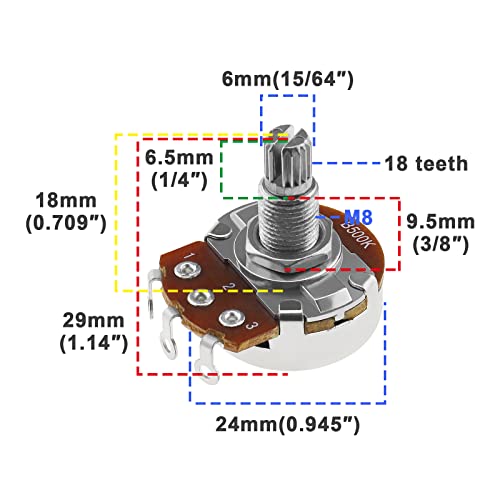 YINETTECH 2PCS Metric Mini 18mm Split Shaft Pots B500K Guitar Potentiometers Audio Taper Pots for Electric Guitar Bass Control Tone Volume Parts - Image 3