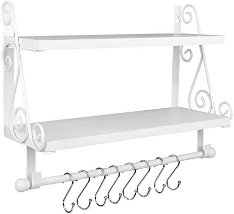 Halcent Floating Shelves Wall Storage Shelf with 8 Hooks, 2-Tier Wood Shelves Kitchen Spice Rack Bathroom Shelves with Towel Bar for Pantry Living Room Bedroom Entryway