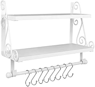 Halcent Floating Shelves Wall Storage Shelf with 8 Hooks, 2-Tier Wood Shelves Kitchen Spice Rack Bathroom Shelves with Towel Bar for Pantry Living Room Bedroom Entryway