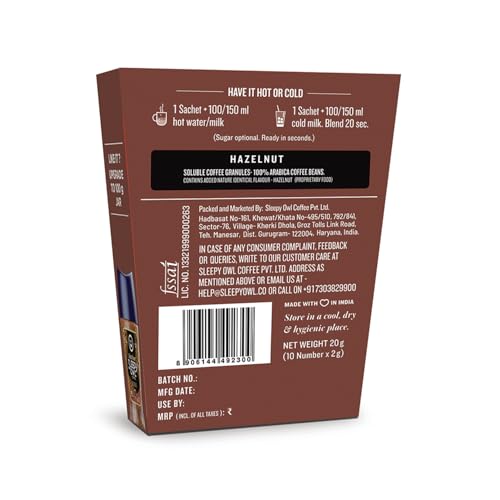 Image of Sleepy Owl Hazelnut Freeze Dried Coffee Sachets | 20g - Pack of 30 x 2g Instant Coffee Powder Sachets | 100% Arabica Beans | Aromatic Coffee Pouch | Rich & Smooth | Easy to Use & Carry