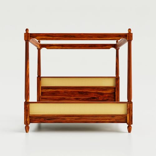 Image of Sheesham Wood Poster Bed Queen Size | Solid Wood Poster Bed Cot Wooden Double Bed Furniture for Bedroom Home and Hotel | Wooden Palang Divan (Natural Finish)