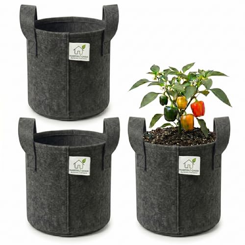 Image of 400 GSM Geo Fabric Round Grow Bags 9x9 Inch with Handle, Dark Grey Planting Bags for Terrace and Kitchen Gardening Pack of 3