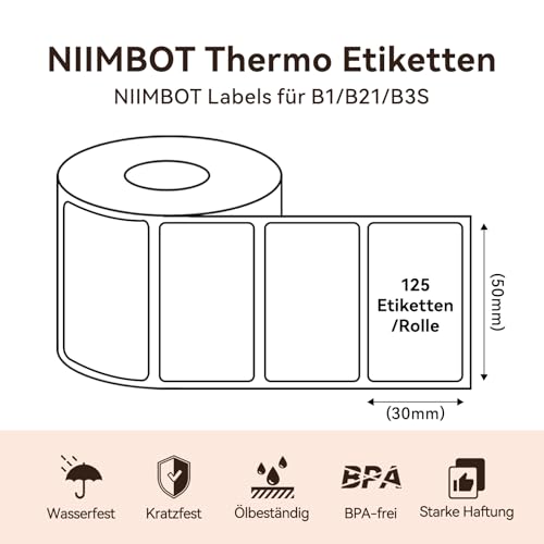 NIIMBOT Thermo Etiketten Selbstklebend, B1/B21/B3S Etikettenband Papier für Schule, Zuhause, Büro, Kleine Unternehmen (Klar-Rechteck-50 x 30mm)