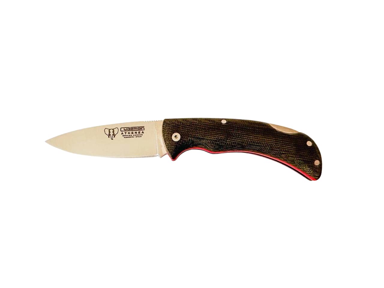Cudeman Navaja Athenea 345-F con hoja de acero Böhler N690-Co de 8 cm y empuñadura de micarta canvas verde con separador rojo + portabotellas de regalo (Sin funda)