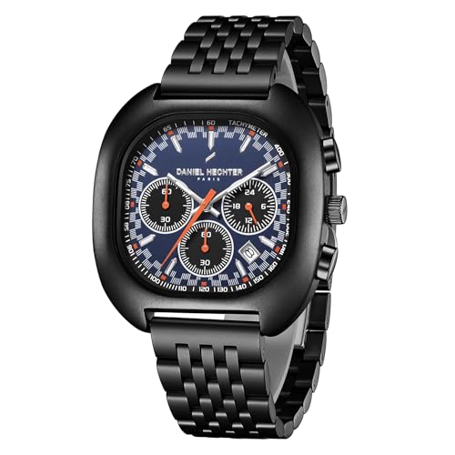 Daniel Hechter Paris Broadway Collection Chronograph Watch for Men with Blue Square Dial | Tachymeter Bezel, Date Display & Black Stainless Steel Strap - DHM1033-22