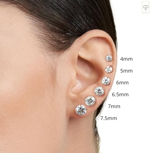 14K White Gold Stud Earrings for Women Men with CZ | Real 14K Gold Cubic Zirconia Stud Earrings with Secure Butterfly Backs | Anti-Tarnishing CZ Earring Size 7.5MM by MAX + STONE