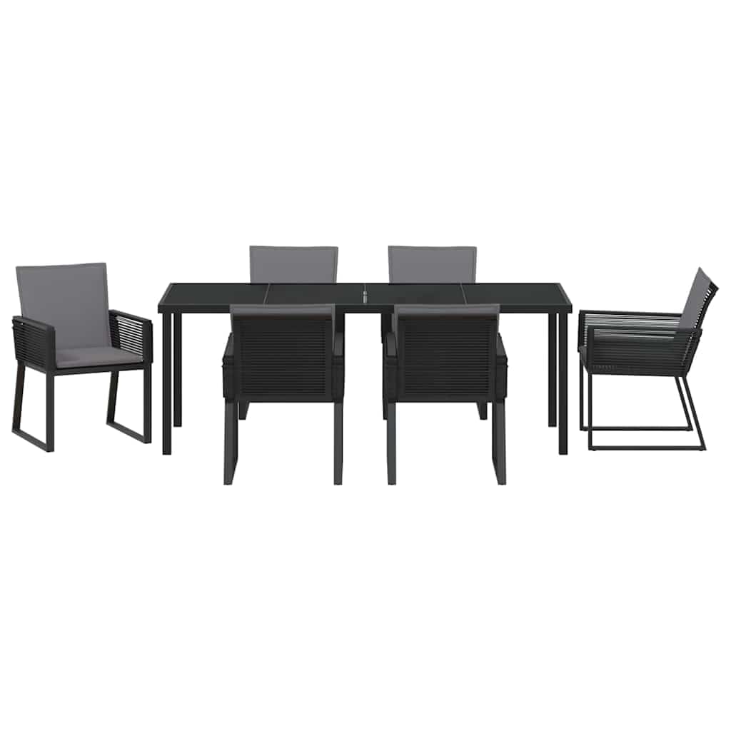 Juego de 7 muebles de jardín de acero recubierto de polvo negro, polirratán con cojines, 6 plazas, resistente a la intemperie, para terraza, balcón, resistente a los rayos UV, fácil de