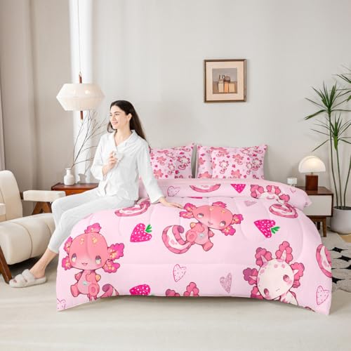 Image of Feelyou Kids Cute Axolotl 7 Pieces Bedding Set Queen Size, Strawberry Comforter Set with Sheets Boys Girls Kawaii Ocean Sealife Bed in A Bag Cartoon Fruit Teens Bed Set Bedroom Decor 7Pcs
