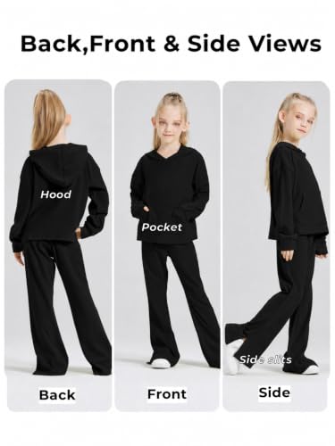 Image of Girls 2 Piece Hoodie Bell Bottom Sweatsuit Fall Outfit Set | Long Sleeve,front pocket,side-slit flare,machine washable,soft rayon-blend,skin-friendly,stretchy,durable