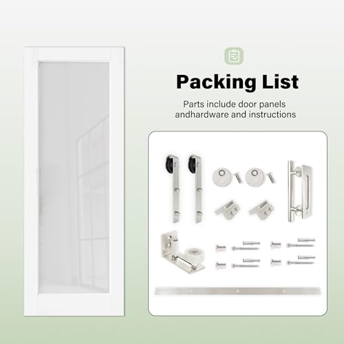 Image of 24 inch x 80 inch 1-Lite Mirror Barn Door Interior with Trimmable 72 inch Track Kit, Solid MDF Sliding Barn Doors for Closet Bathroom Bedroom, Easy to Clean & Multi-Style Compatible, Nickel-Plated Hardware Kit
