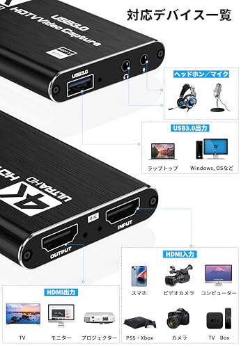 Ariesking キャプチャボード 外付け 4K パススルー Switch対応 HDMI 1080P/60FPS 低遅延 USB 3.0 HD 高速伝送 hdmi ビデオ キャプチャー 画面共有 ゲーム実況生配信 ビデオ録画・ライブ配信用 モニター接続 tv出力 互換 の商品画像 4