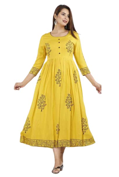 Image of TARANJAL Women's Rayon Anarkali Hand Block Printed Kurti