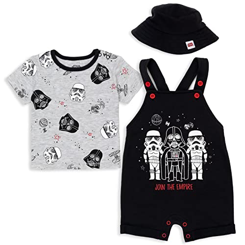 Image of STAR WARS Chewbacca R2-D2 Yoda Baby French Terry Short Overalls T-Shirt and Hat 3 Piece Outfit Set Newborn to Infant