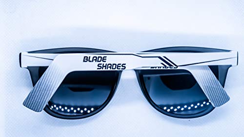 Blade Shades Sunglasses, Goalie Hockey Stick Sport 100% UV Protection Sunglasses, Hockey Gifts for Men, Women, Kids (White/Black Frame, Chrome Lens)