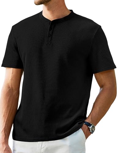 JMIERR Men's Henley Shirts Waffle Crewneck T-Shirt Gym Workout Athletic Shirt Tees with Button, US43(L), A Black