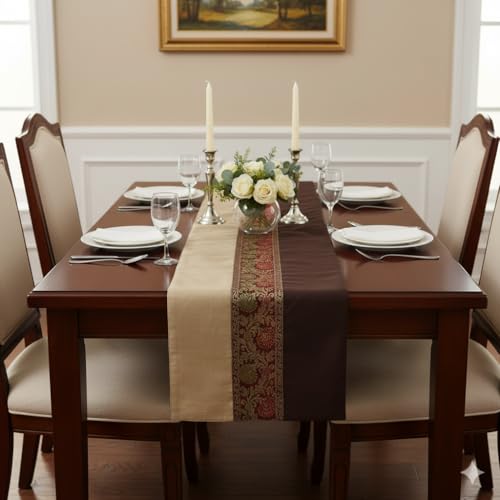 Image of E-EZRA Banarsi Brocade Jacquard & Satin Silk Center Table Runner Coffee Brown Long Ethnic Table Home Decor Floral Traditional Dining Table Cloth Runner Up | 72 By 14 Inches