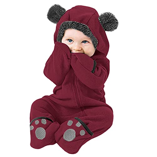 Newborn Baby Fleece Footed Jumpsuit Hooded Pramsuit Winter Snowsuit for Infant Boys Girls Bear (Wine, 3-6 Months)2