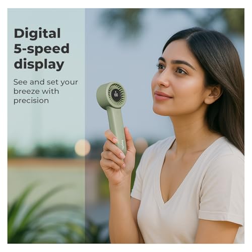 Image of Lifelong Hand Fan with Digital Display | Portable Rechargeable Fan with 2000mAh Battery, 5 Speed Settings,Type-C Charging, Powerful Cooling, Start with Long Press, Non-Slip Base,Travel Friendly Design