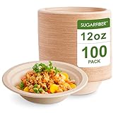 [100 COUNT] 12 oz Round Disposable Bowls - Natural Sugarcane Bagasse Bamboo Fibers Sturdy Twelve Ounce Compostable Eco Friendly Environmental Paper Bowl Alternative 100% by-product Tree Plastic Free
