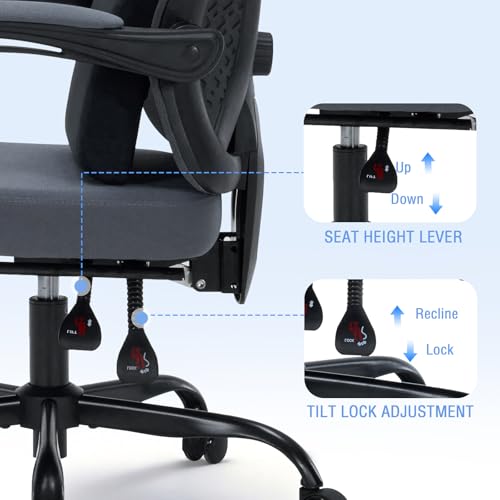Image of Ergonomic Office Desk Chair with Foot Rest - Adjustable Lumbar Support & Headrest, 90-160 Reclining Mesh Back Computer Chair - Home Office /Gaming for Adults, 400lbs Capacity (Gray)