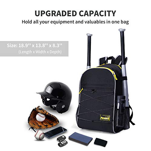 Pacearm Youth Baseball Bat Bag, 2020 Softball Bag & Tball Baseball Equipment Backpack For Boys, Teen, Adults - Hold 2 Bats, 2 Bottles, Helmet, Glove - Vented Design, Fence Hook (Black+Bungee) #TOP3