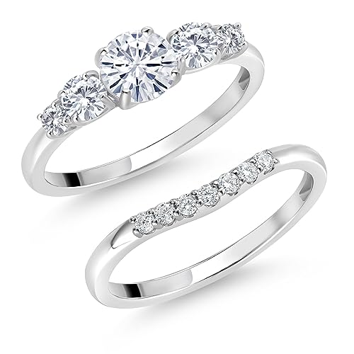 Gem Stone King 10K White Gold White Customized and Personalized 5MM and 3MM Round Gemstone Birthstone and White Lab Grown Diamond 5 Stone Bridal Engagement Wedding Ring Set For Women4