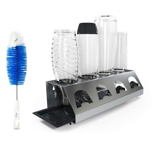 SodaClean® Premium Flaschenhalter mit Abtropfwanne - für SodaStream Duo Crystal Flaschen | aus hochwertigem Edelstahl - Abtropfhalter mit Deckelhalterung | Easy Fuse Power Emil UVM. (4er + Bürste) Cover