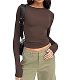 Cioatin Women’s Long Sleeve Round Neck Crop Top Tee Shirt Basic Solid Tight Slim Fit Cropped Shirt Workout Yoga Coffee Brown