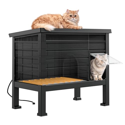 GULAIMOAO Outdoor Cat House Weatherproof, Insulated Feral Cat House Outdoor with Heated Pad, Elevated Feet & Escape Door, Warm Cat Hideaway for Feral Cats in Winter, Black