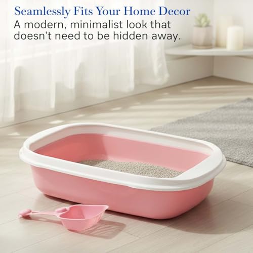 Image of PETS EMPIRE Cat Litter Box Tray with Free Scooper - Semi-Closed Design, Durable Quality, Suitable for All Adult Cats & Kittens, Pink