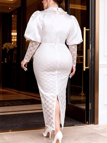 Image of ONTINVA Women's Floral Lace Long Sleeve Patchwork Mesh Slim Pencil Midi Dress