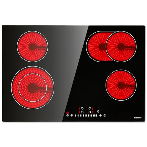Electric Cooktop 30 inch, ECOTOUCH Built-in Electric Cooktop 4 Burner Stove Top, Radiant Cooktops Stovetop with Kid Safety Lock, Timer, 9 Heating Level, 6800W, 220-240V for Hard Wire(No Plug)