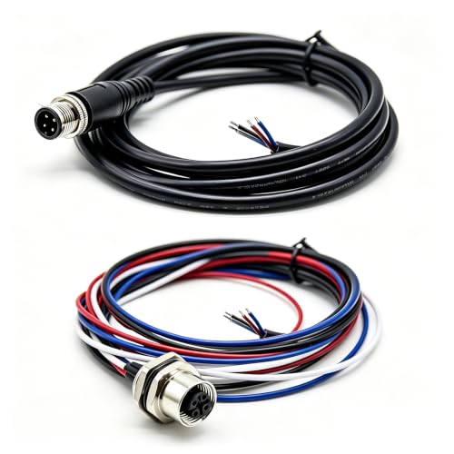 M12 4 Pin A Code Sensor Connector Kit, 1 Female Shielded Bulkhead Receptacle + 1 Male Straight Extension Molded Cable, 22AWG IP67 Waterproof, Industrial Automation Combo Set
