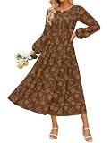 ZESICA Women's Fall Boho Floral Midi Dress 2026 Casual Long Sleeve Crewneck Flowy Wedding Guest Long Dresses,Caramel,X-Large