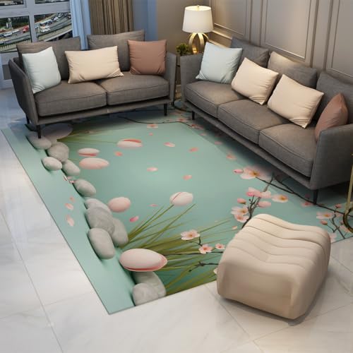 Tapis doux lavable au motif botanique frais rose et vert pierre style scandinave