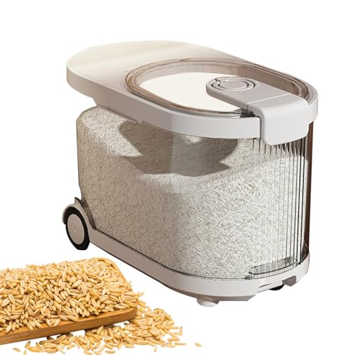 Distributore di riso, distributore di cereali, registrazione del, grandi contenitori trasparenti con coperchi e rotelle, secchio dispenser di cereali, contenitore di condimento superito